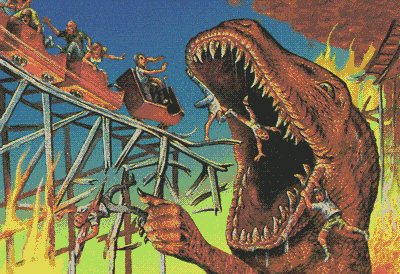 A cartoon dinosaur eating people from a rollercoaster